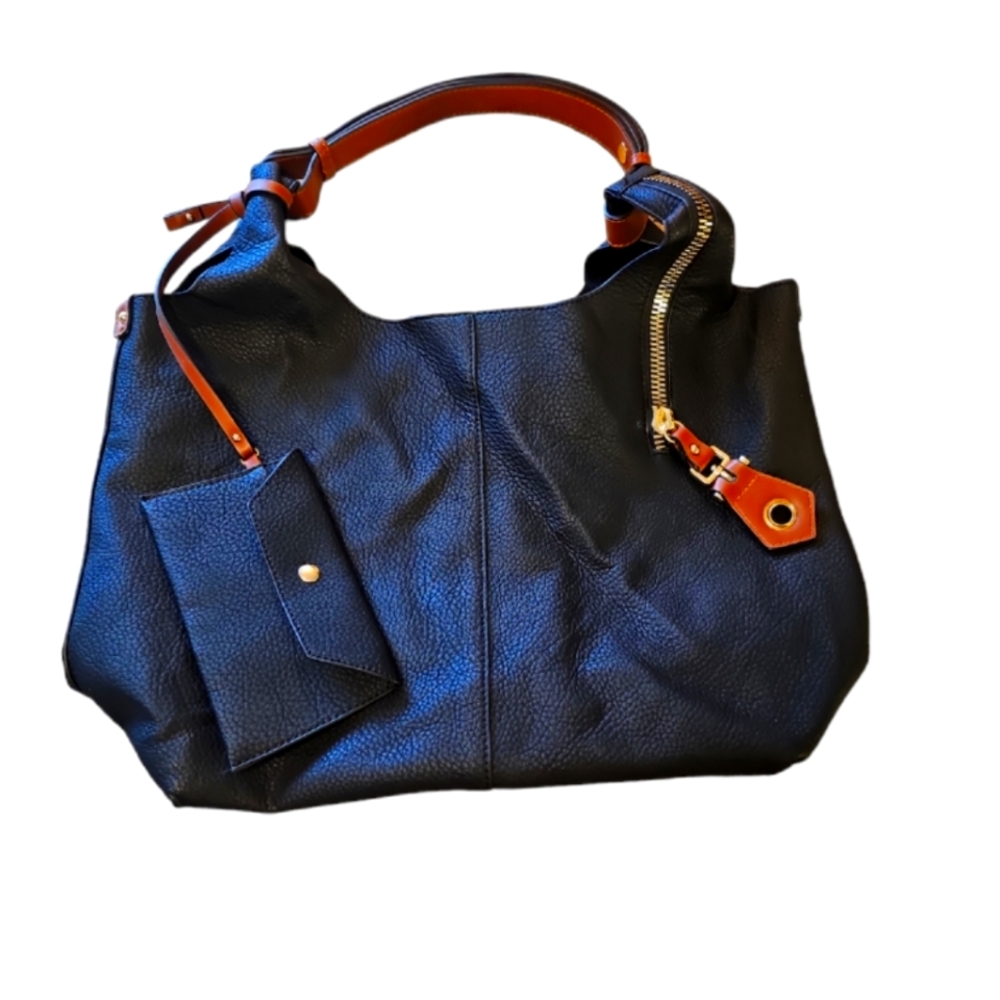 New Black Zip Tote Bag with Brown Handle and a Matching Coin Purse.